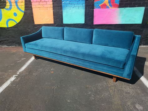 Mid Century Style Blue Velvet Sofa with Walnut Trim – The Hunt Vintage