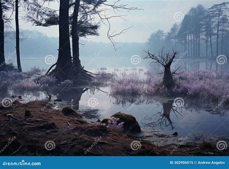 Misty Foggy Forest and Lake Landscape in Morning Light at Sunrise ...