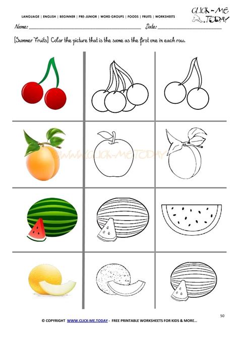 Fruits Worksheet 50 - Color the same summer fruit | Coloring worksheets for kindergarten ...