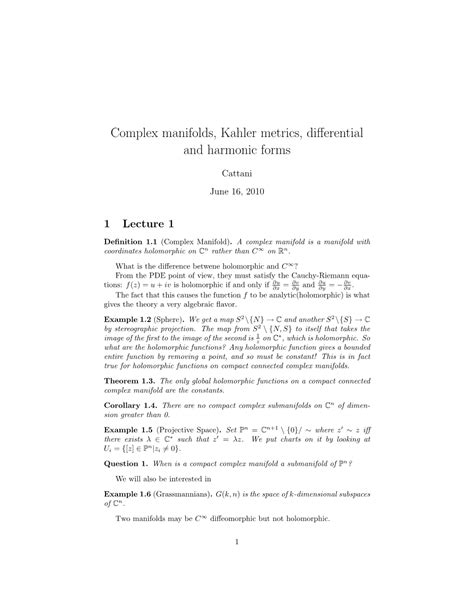 Complex Manifolds, Kahler Metrics, Differential and Harmonic Forms ...