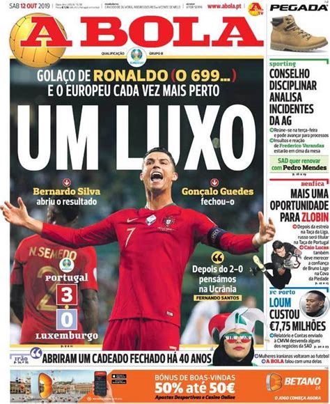 Capa Jornal A Bola - 12 outubro 2019 - capasjornais.pt