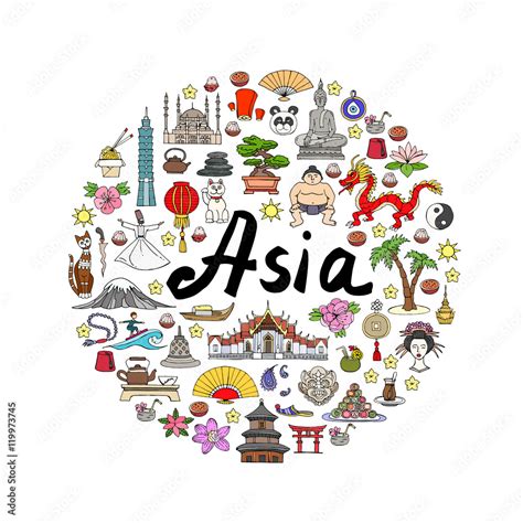 Cute decorative cover with hand drawn colored symbols of Asia on white ...