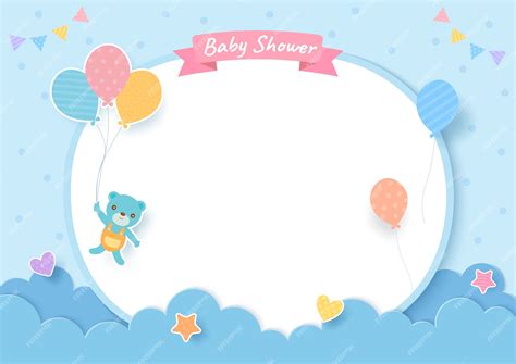 Premium Vector | Baby shower card with teddy bear and balloons on blue background