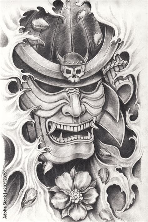 Art Design Samurai samurai Japanese tattoo.Hand pencil drawing on paper ...