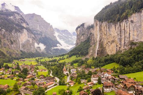 Aerial view of a village surrounded by mountains Lauterbrunnen, Switzerland stock photo