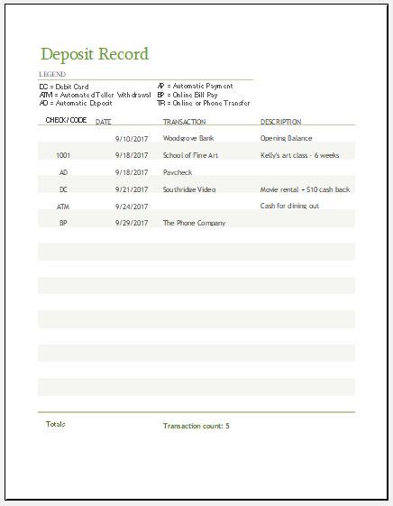 Deposit Record Template for MS Excel | Excel Templates