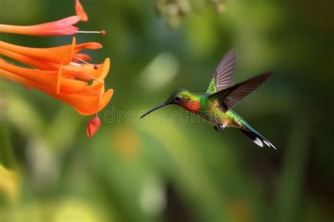 Hummingbird Hovering Next To Blooming Flowers. Beautiful Hummingbird ...