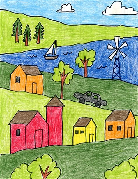 Easy How to Draw a Landscape Tutorial and Landscape Coloring Page