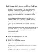 Lab Report Calorimetry and Specific Heat.pdf - Lab Report: Calorimetry ...