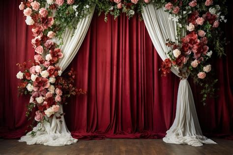 Premium AI Image | A red and white backdrop with flowers and a large banner for a wedding.