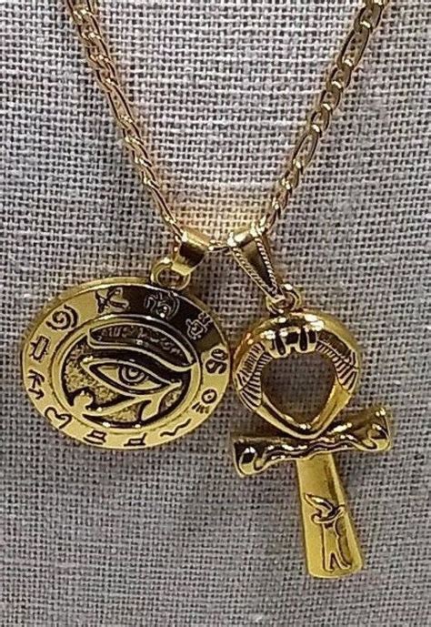 Eye of Horus & Ankh Duo Charm Necklace Large GP Ankh and Eye of Horus on a Custom Gold Figaro ...