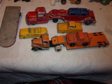 2 Vintage Tootsie Toy Flatbed Trucks with Cars Extra Trailer Great Lot -- Antique Price Guide ...