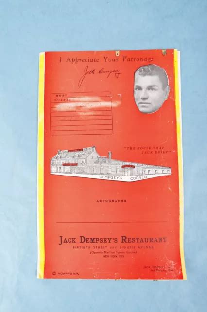 VINTAGE 1939 JACK Dempsey's Restaurant Dinner Menu New York City $49.99 - PicClick