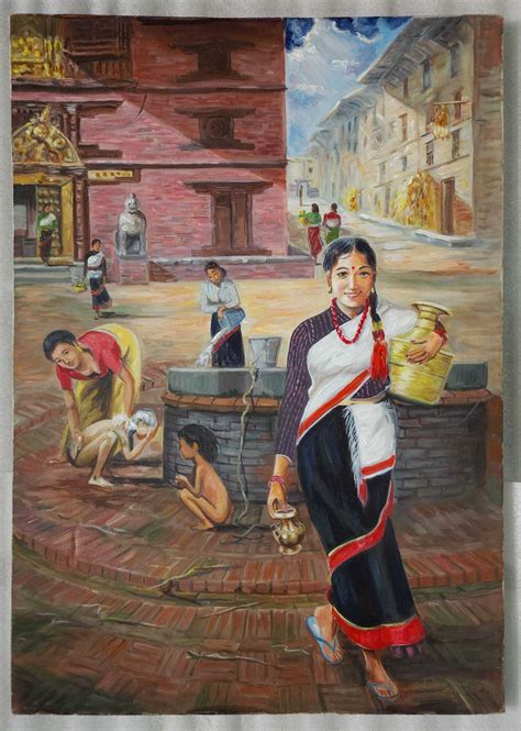 Nepali newari Lifestyle, Filling Water From Well, oil Colour Painting ...