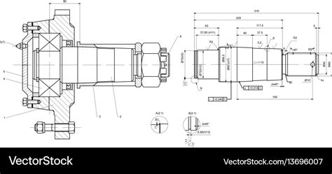 Engineering drawing bearing on shaft Royalty Free Vector