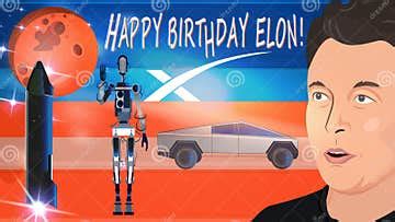 Elon Musk Happy Jarig. Elon Musk Portret Tesla Cybertruck Optimus Humanoid Robot Redactionele ...