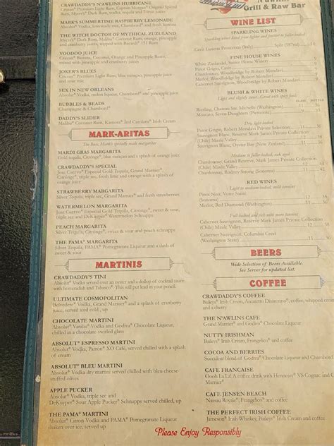 Menu at Crawdaddy's restaurant, Jensen Beach