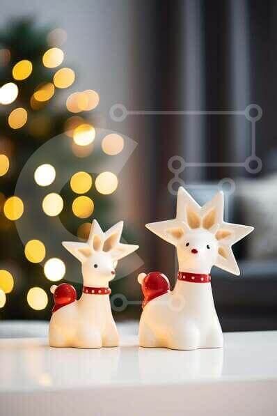 Holiday Reindeer Figurines on a White Table stock photo | Creative Fabrica