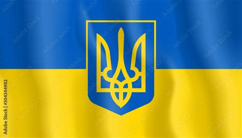 National flag of ukraine. Ukrainian symbol trident or tryzub. Silk ...