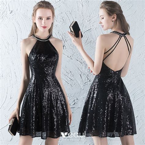 Sparkly Glitter Party Dresses 2017 Black Sequins Short A-Line / Princess Halter Sleeveless ...