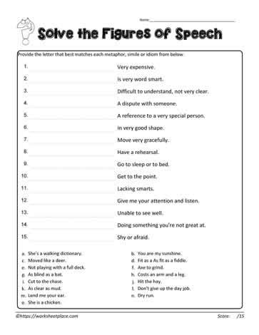 Solve the Figures of Speech Worksheets