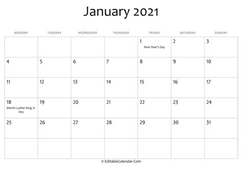 Download January 2021 Printable Calendar Holidays (Word Version)