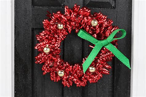 Red Tinsel Wreath with Green and Gold Accents - Dollhouse Alley