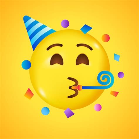 Emoji de fête. Visage heureux avec chapeau d'anniversaire et confettis ...