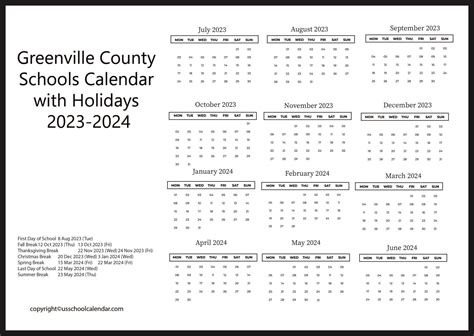 Greenville County Schools Calendar with Holidays 2023-2024