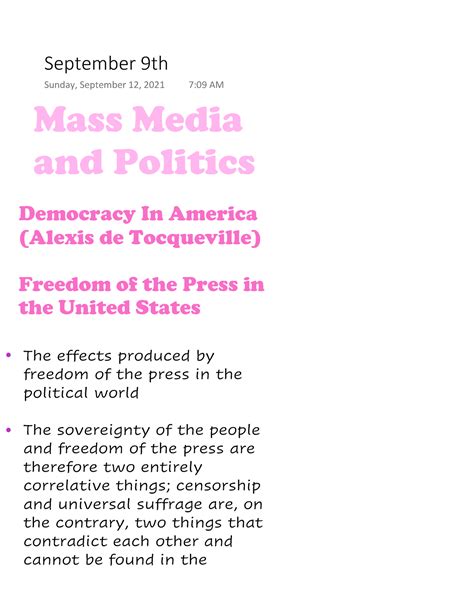 Mass Media and politics - Mass Media and Politics Democracy In America (Alexis de Tocqueville ...