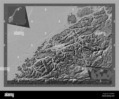 Mre og Romsdal, county of Norway. Bilevel elevation map with lakes and rivers. Locations and ...