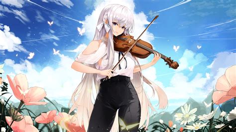 Download Blue Eyes Flower White Hair Long Hair Instrument Violin Anime Music HD Wallpaper by クエモン