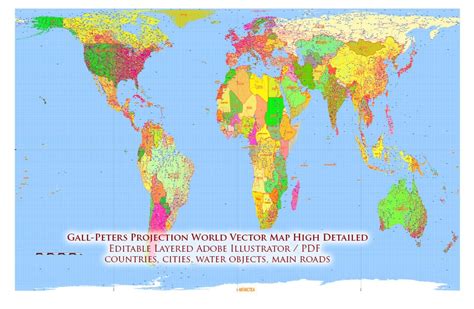 _World Gall-Peters Projection Political Map High detailed fully ...