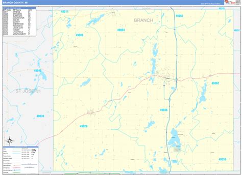 Branch County, MI Zip Code Wall Map Basic Style by MarketMAPS - MapSales