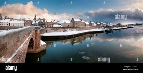 Snow covering the town of Berwick-upon-Tweed, viewed from Berwick Bridge, also know as the Old ...