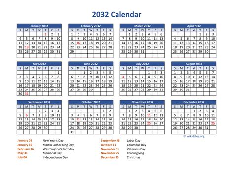 PDF Calendar 2032 with Federal Holidays | WikiDates.org