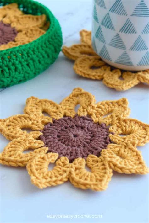 Easy Crochet Sunflower Coasters With Basket | Easy Breezy Crochet