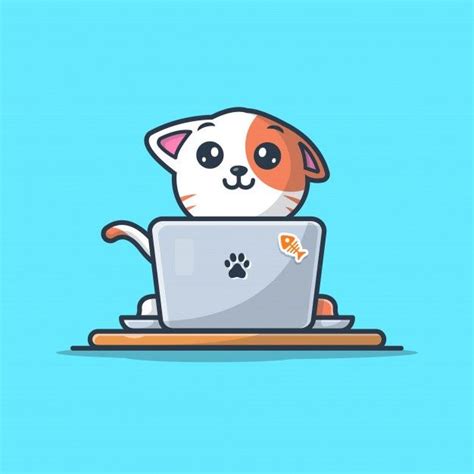 Premium Vector | Cat working on laptop logo icon illustration | Cat ...