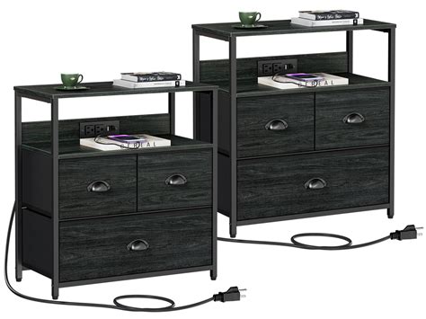 Furnulem Nightstand Set of 2, End Table with Charging Station, Industrial Bedside Tables with ...