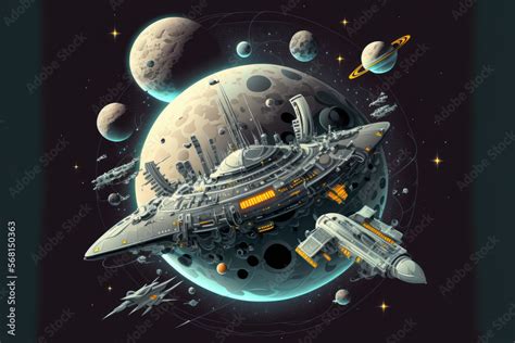 Space exploration using spacecraft, starships, and space stations. futuristic illustration of ...