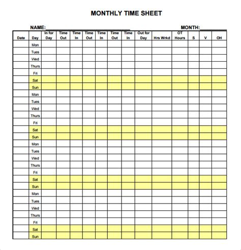 Monthly Timesheet Template Free Printable - Printable Templates Free