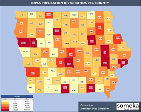 Iowa County Map and Population List in Excel