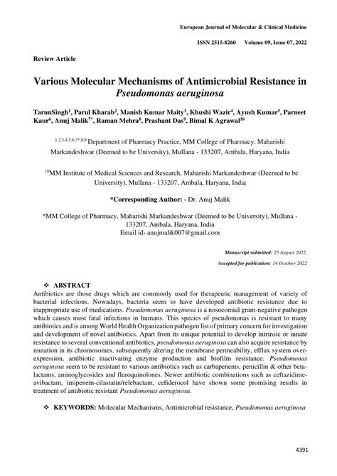 (PDF) Various Molecular Mechanisms of Antimicrobial Resistance in Pseudomonas aeruginosa