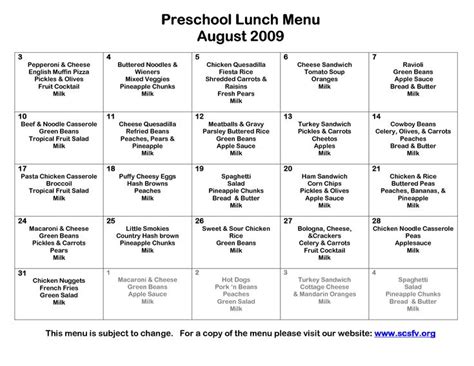 Preschool Lunch Menu Template | Daycare Menu Template | School lunch menu