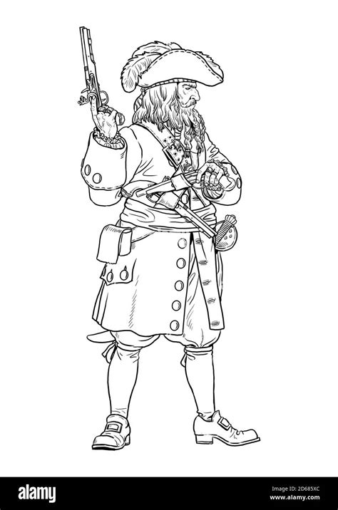 Pirate with pistols. Drawing with the captain Blackbeard. Coloring page ...