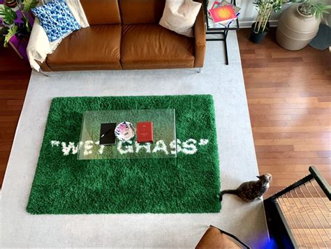 a living room with a couch and rug that says wet grass on the floor next to a cat