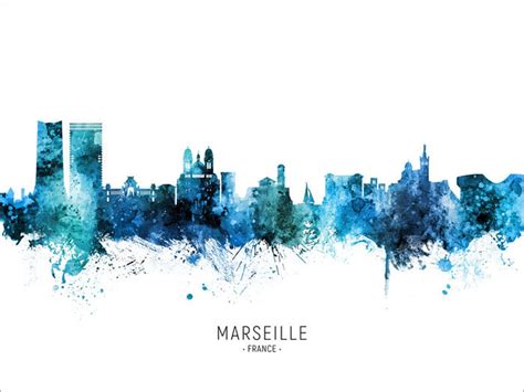 Marseille Skyline France Cityscape Art Poster Print Blue Red | Etsy