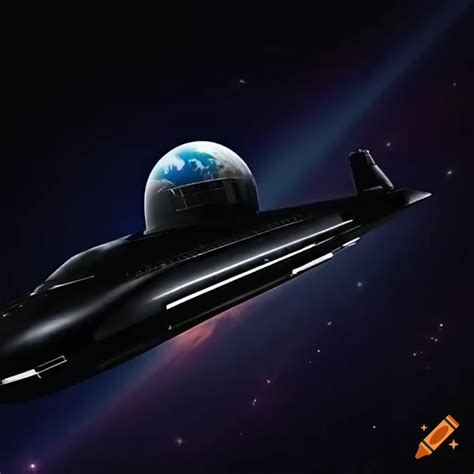 Image of a sci-fi space submarine flying in space