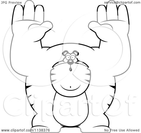 Cartoon Clipart Of An Outlined Buff Tiger Giving Up - Black And White ...