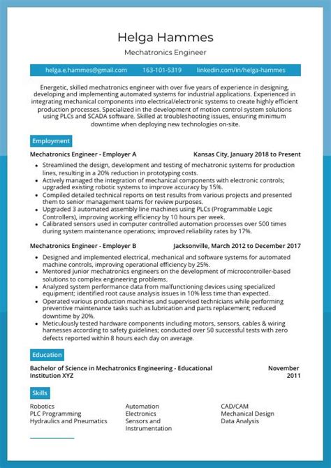 Mechatronics Engineer Resume (CV) Example and Writing Guide